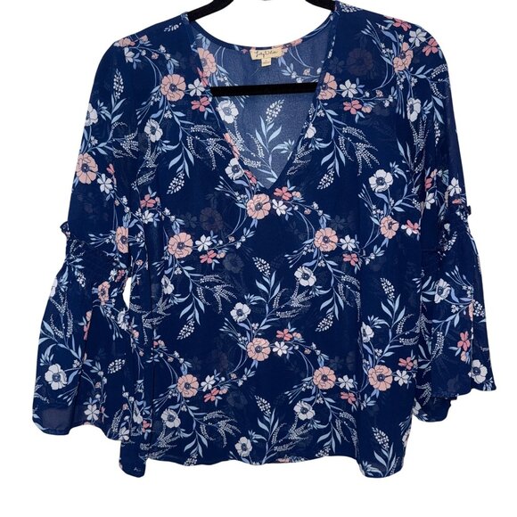 Lily White Womens Floral Bell Sleeve Blouse L 100% Polyester Blue Pink White - Picture 1 of 5